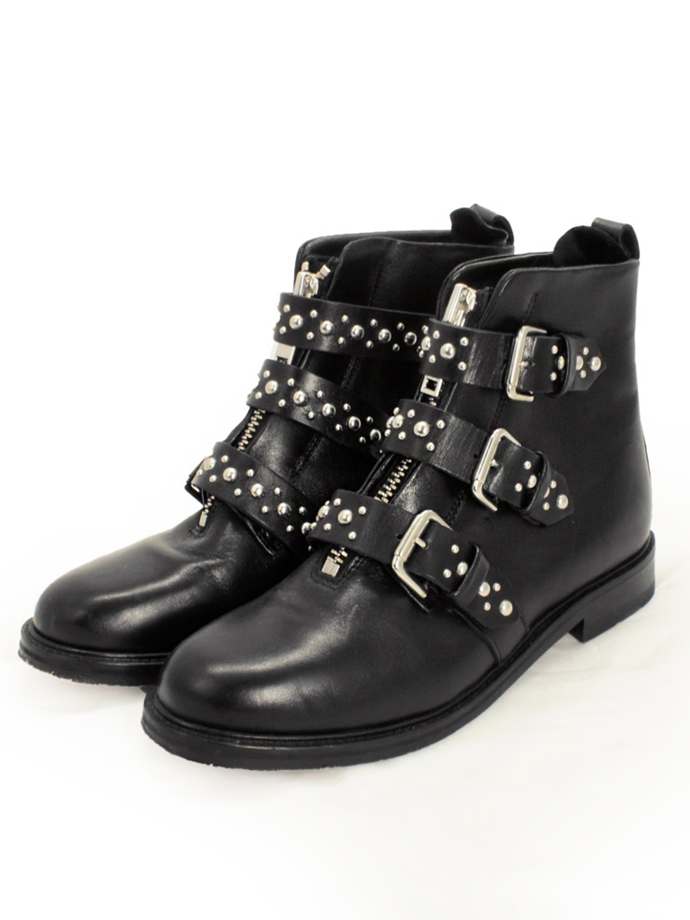 Maje Leather Ankle Moto Rocker Biker Boots Buckles And Studs Straps